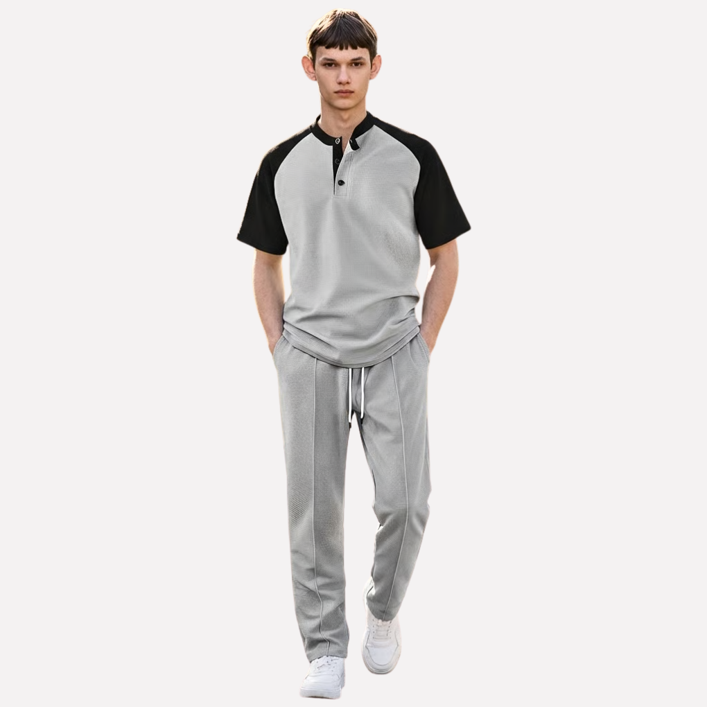 Men’s Button-Down Shirt and Waffle Long Pants Lounge Set