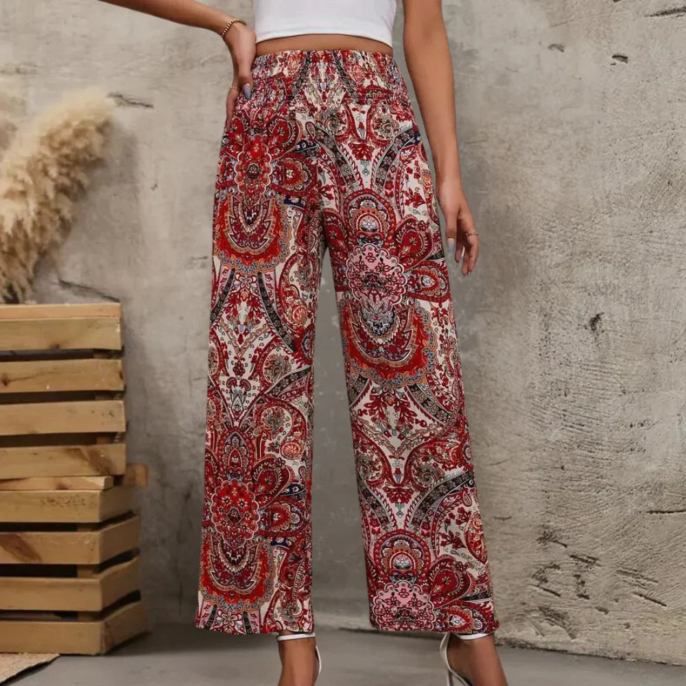 Bohemian Wide-Legged Women's Trousers with Slanted Pockets