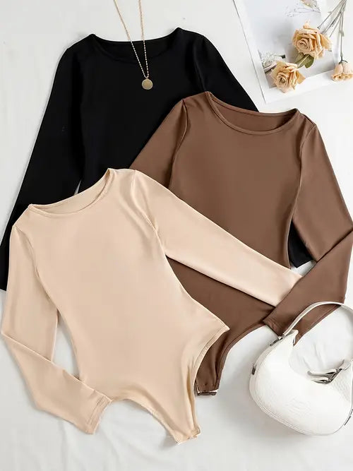 3-Pack comfortable Long Sleeve Bodysuits for Women