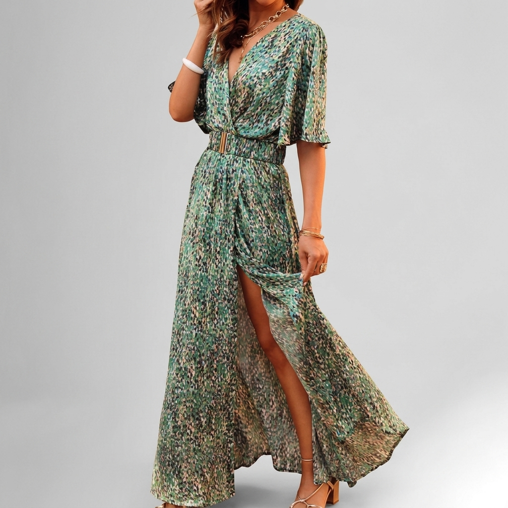 V-Neck Wrap Maxi Dress with High Slit
