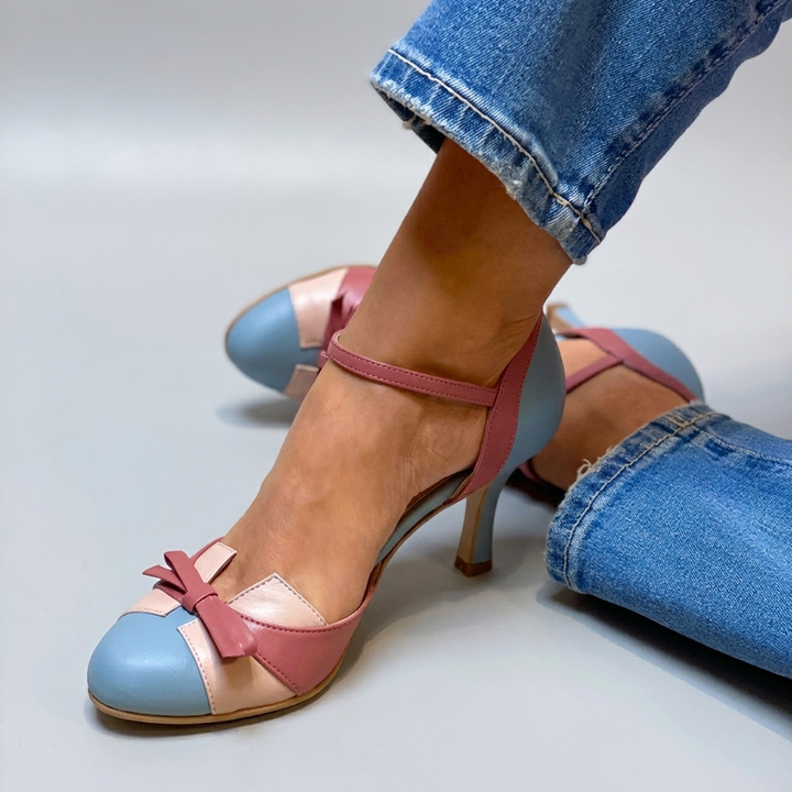Chic Color Block Ankle Strap Heels with Bow