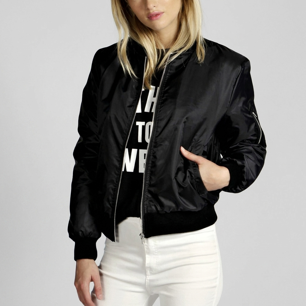 Women's Casual Bomber Jacket with Ribbed Edges