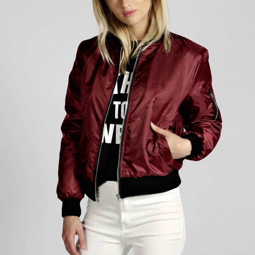 Women's Casual Bomber Jacket with Ribbed Edges