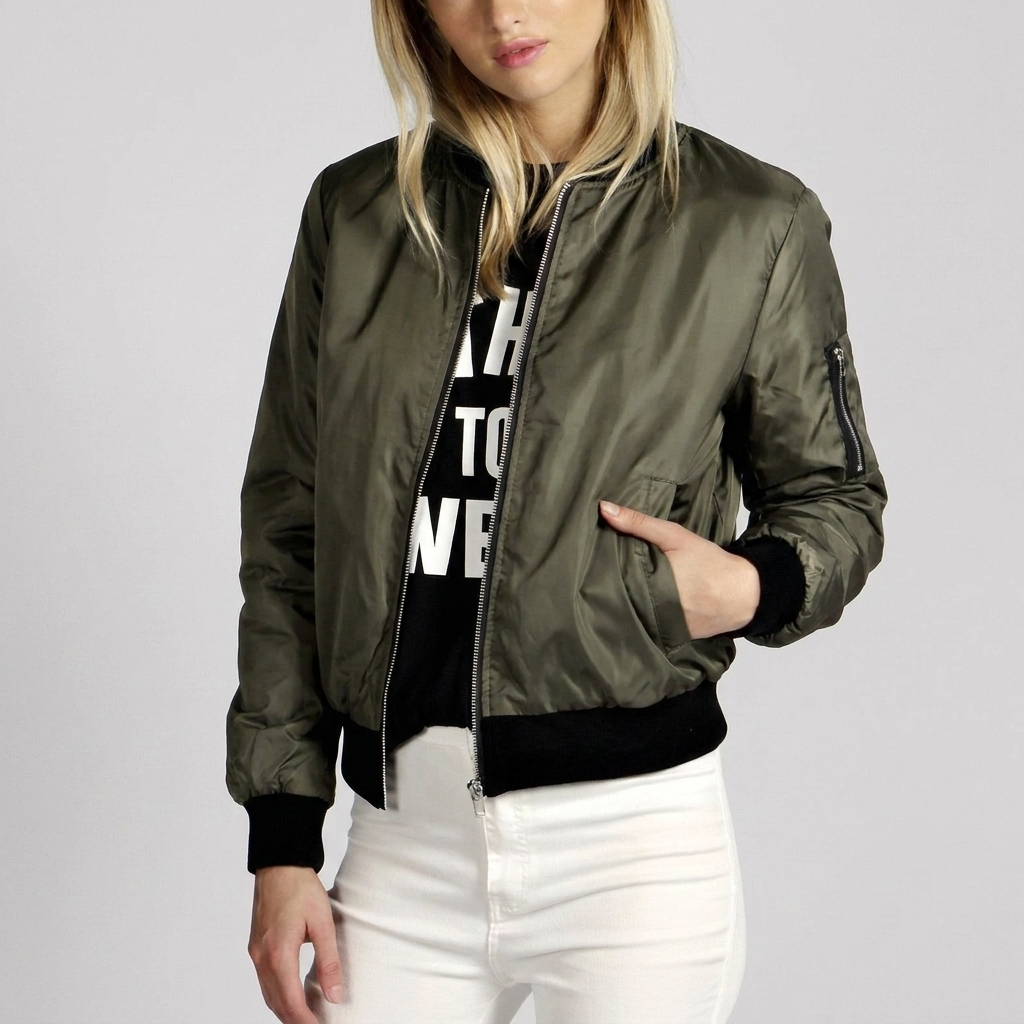 Women's Casual Bomber Jacket with Ribbed Edges
