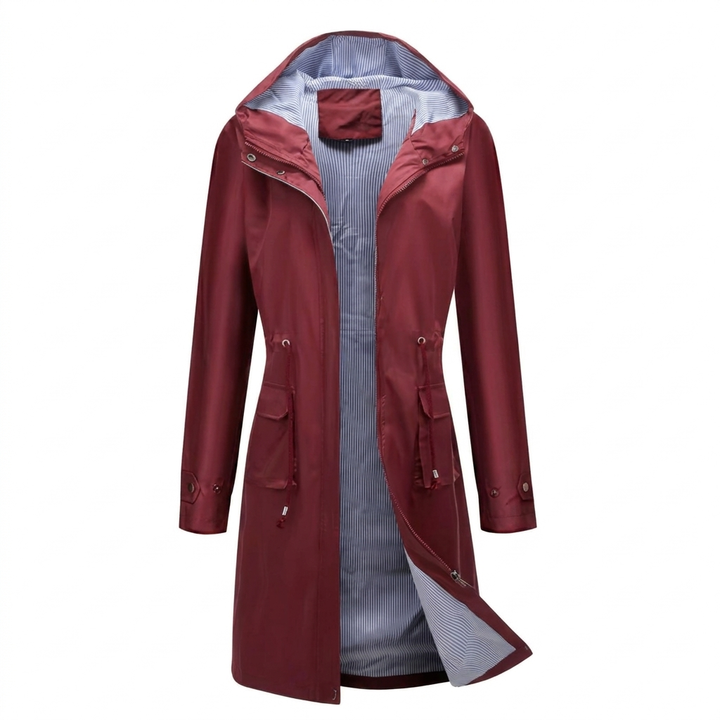Breathable Long Coat for Women with Hood and Feminine Cut